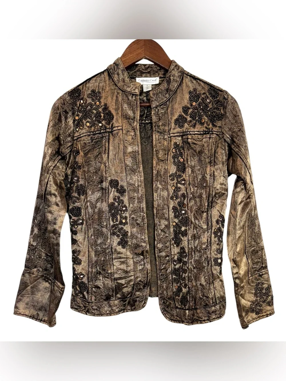 Coldwater Creek Bronze Embroidered Embellished Open Jacket Small